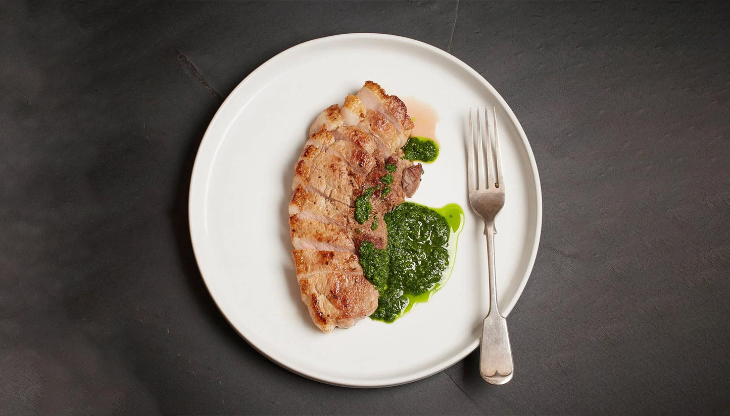 Pork rump steak with a wild garlic pesto recipe