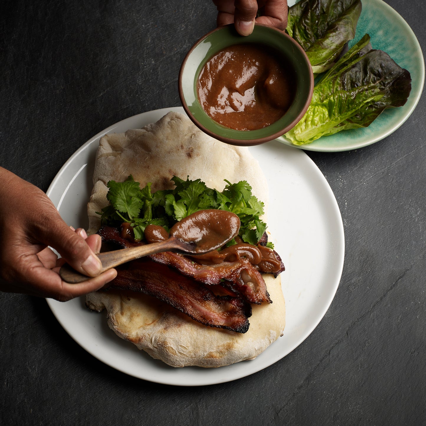 Pancetta luxury BLT with naan, tamarind and fresh coriander