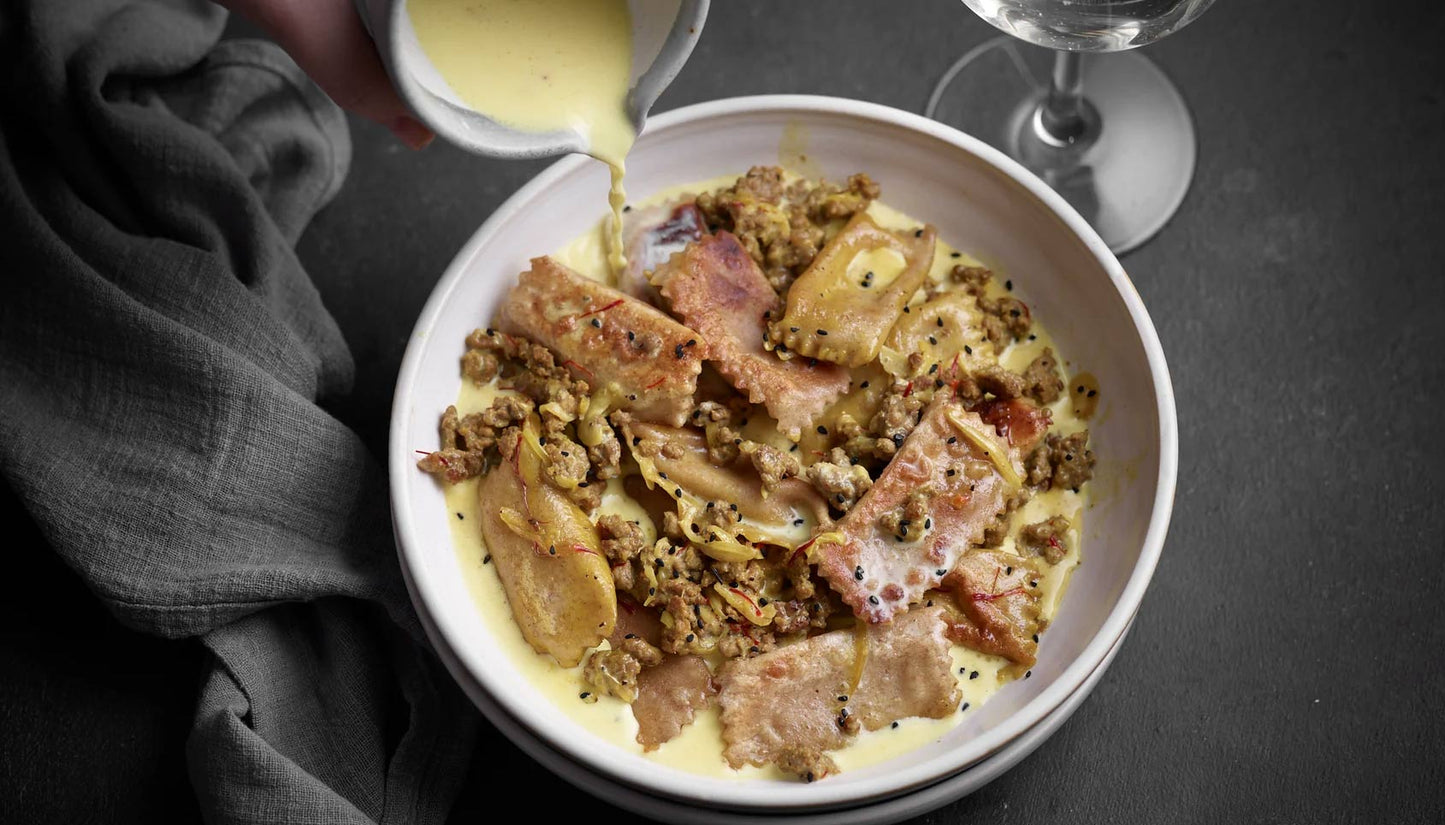 Celeriac Stuffed Pasta with Venison Mince and Creamy Saffron Sauce